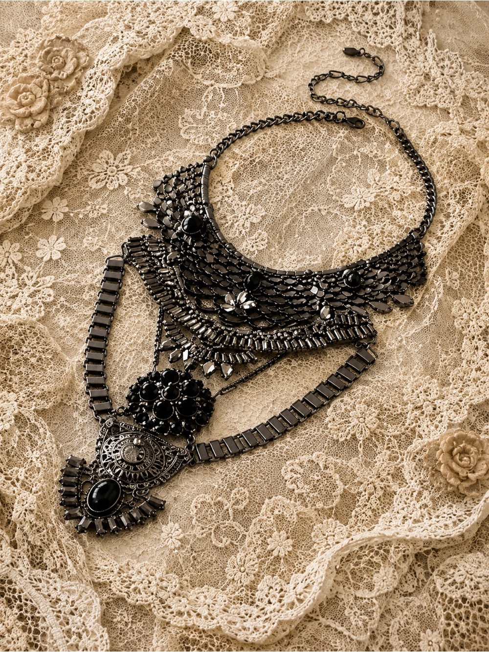 Free People Only Dreaming Statement Collar Necklace Gunmetal Boho NWT